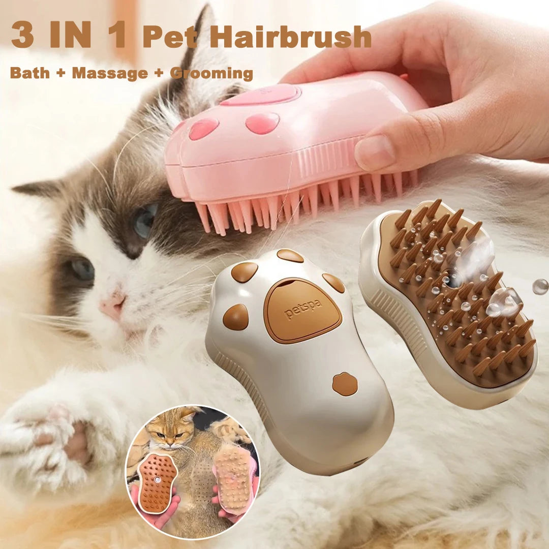 3-in-1 Pet Steam Grooming Brush – Detangles, Massages & Reduces Shedding for Cats & Small Dogs
