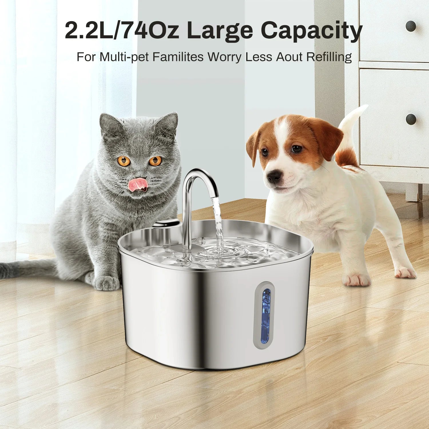 Premium Stainless Steel Cat & Dog Water Fountain – Quiet, Easy-Clean, 2.2L Circulating Hydration System