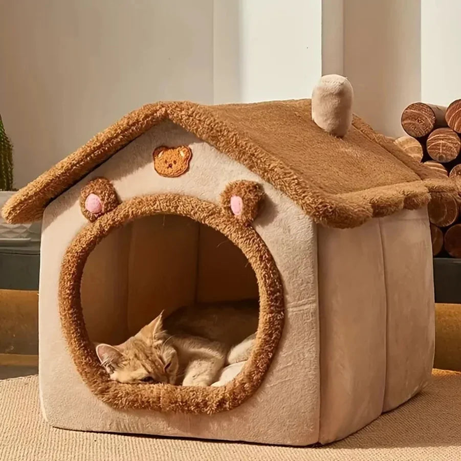 Foldable Pet Cave Bed – Cozy Cat & Puppy House with Removable, Washable Cushion (Small/Medium Pets)